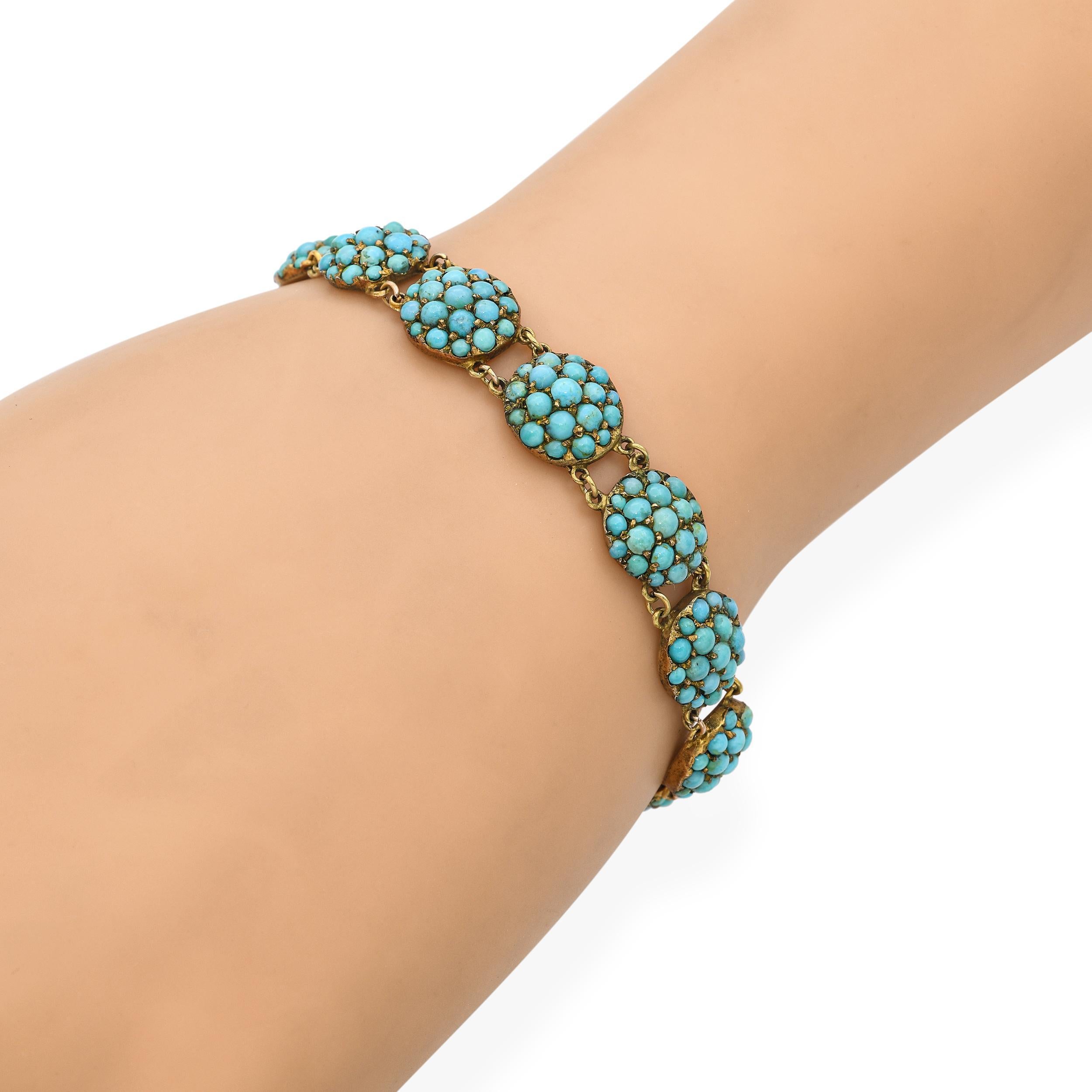 Taille cabochon Bracelet ancien à maillons en or jaune 13k et turquoise en vente