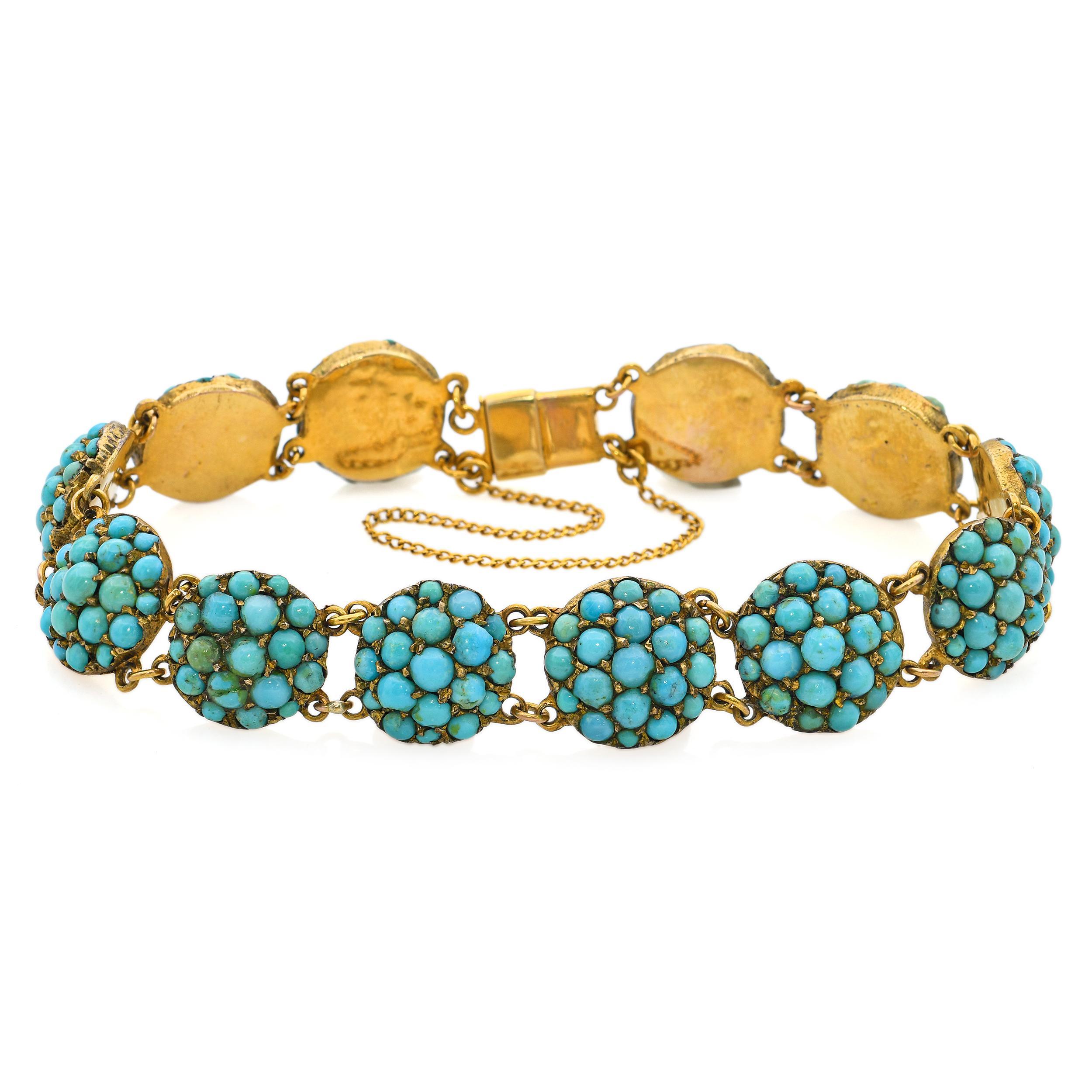 Bracelet ancien à maillons en or jaune 13k et turquoise en vente 1