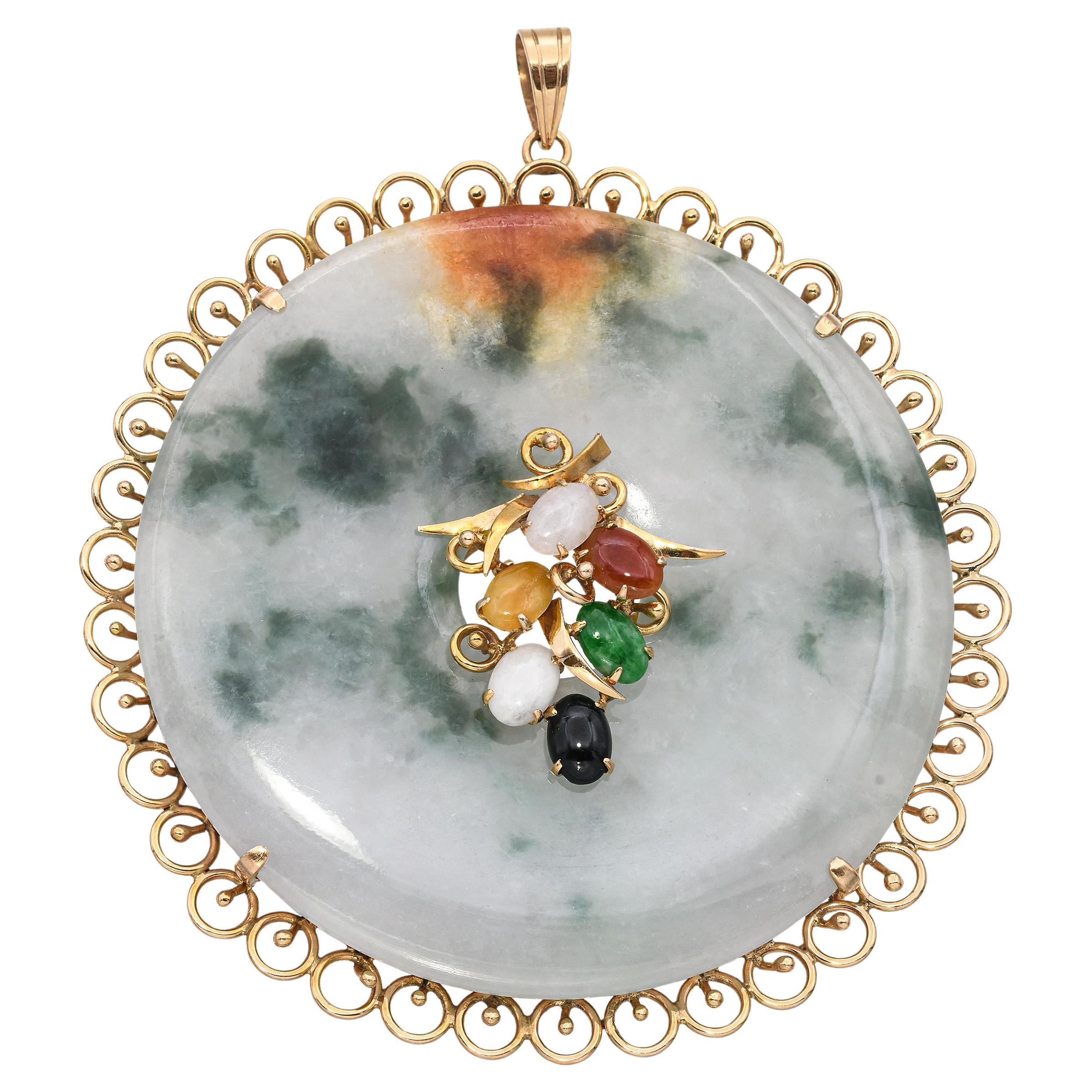 Colgante vintage de oro amarillo de 14k con filigrana de donut de jade multicolor