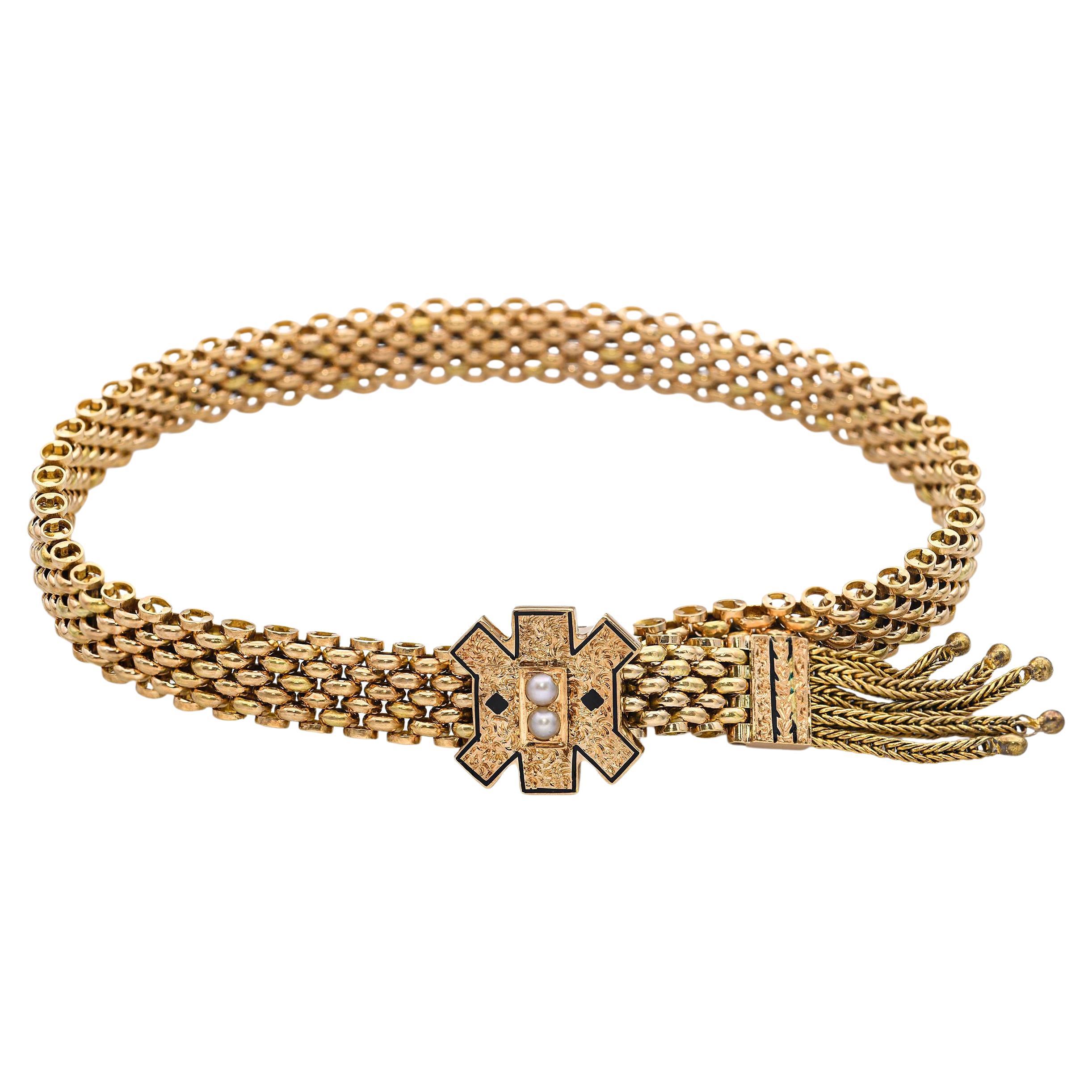 Viktorianisches Gelbgold Mesh Tassel Slide Armband mit Saatperlen und Emaille im Angebot