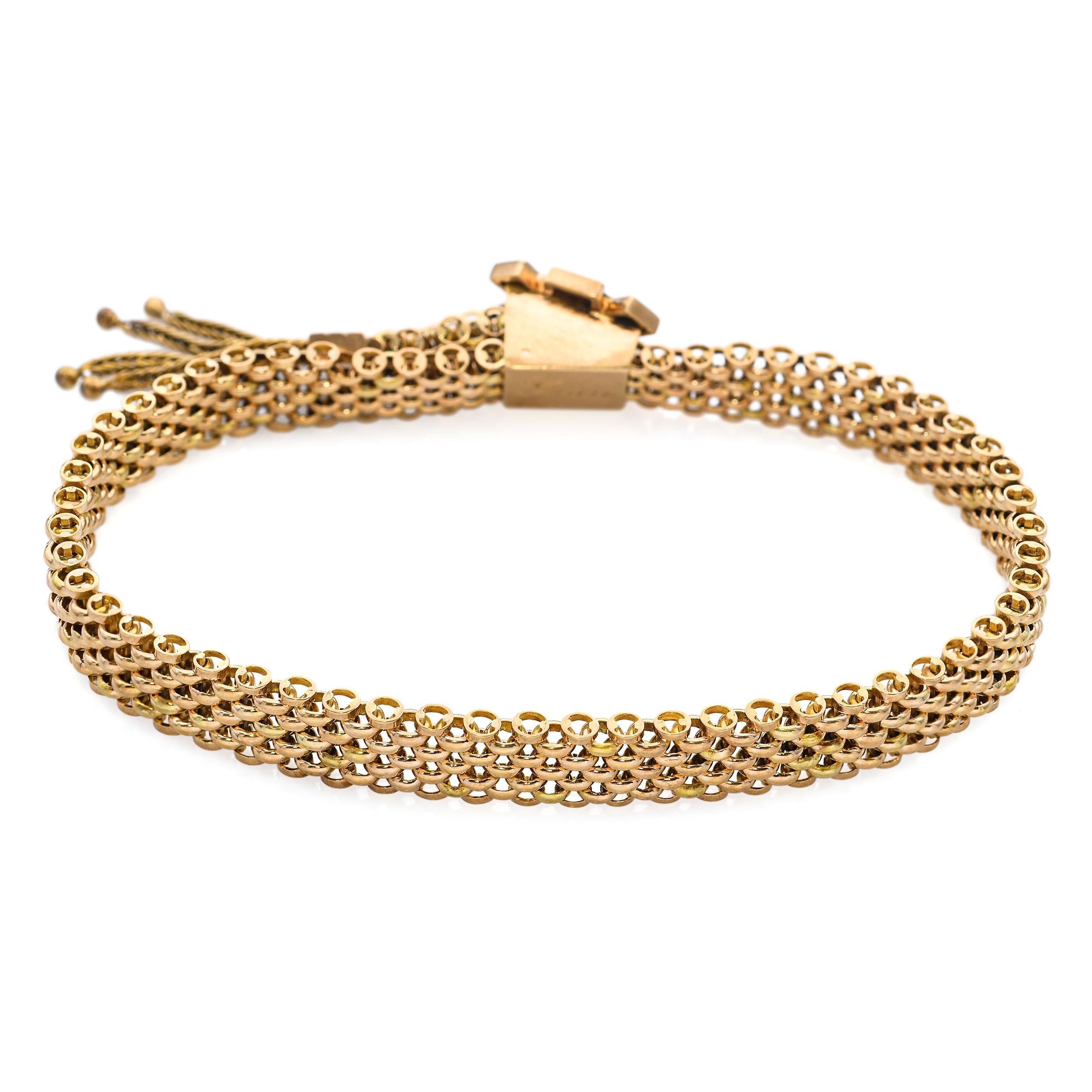 Viktorianisches Gelbgold Mesh Tassel Slide Armband mit Saatperlen und Emaille im Zustand „Hervorragend“ im Angebot in New York, NY