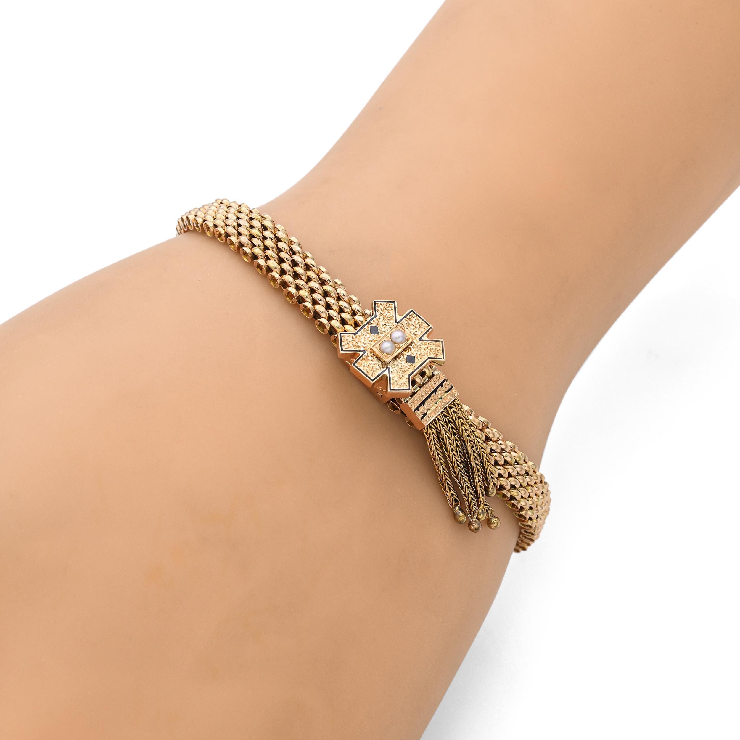 Viktorianisches Gelbgold Mesh Tassel Slide Armband mit Saatperlen und Emaille (Perle) im Angebot