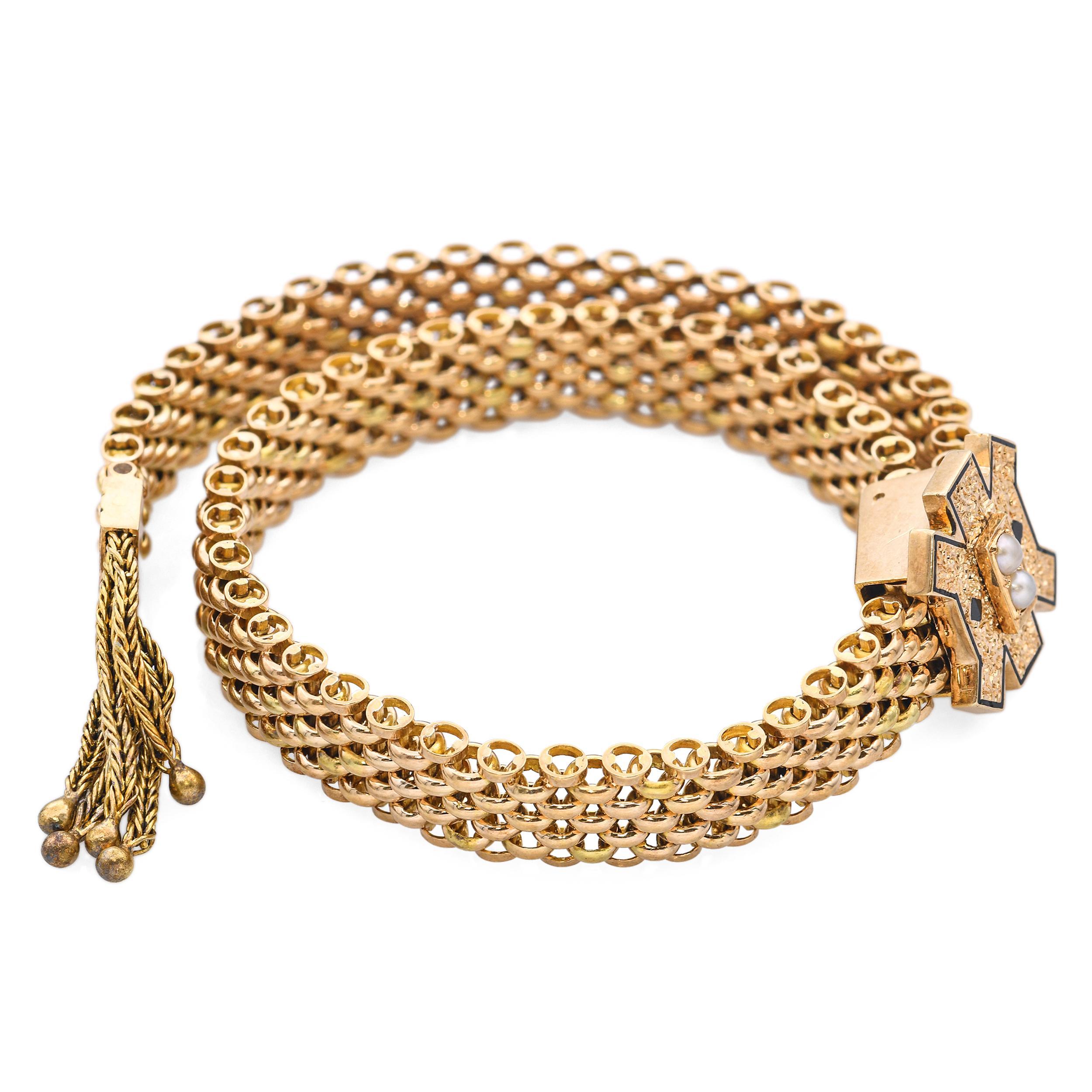 Viktorianisches Gelbgold Mesh Tassel Slide Armband mit Saatperlen und Emaille für Damen oder Herren im Angebot