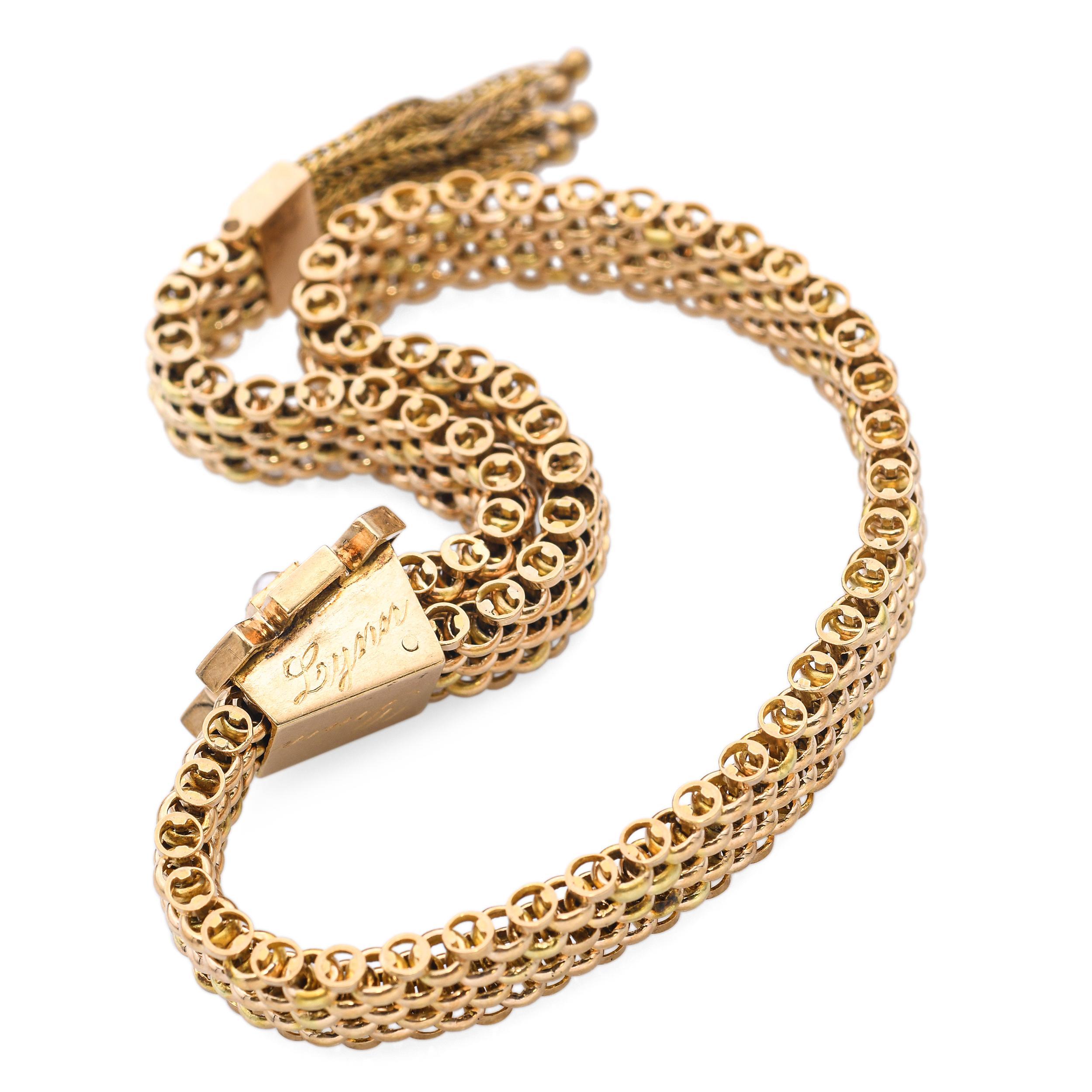 Viktorianisches Gelbgold Mesh Tassel Slide Armband mit Saatperlen und Emaille im Angebot 1