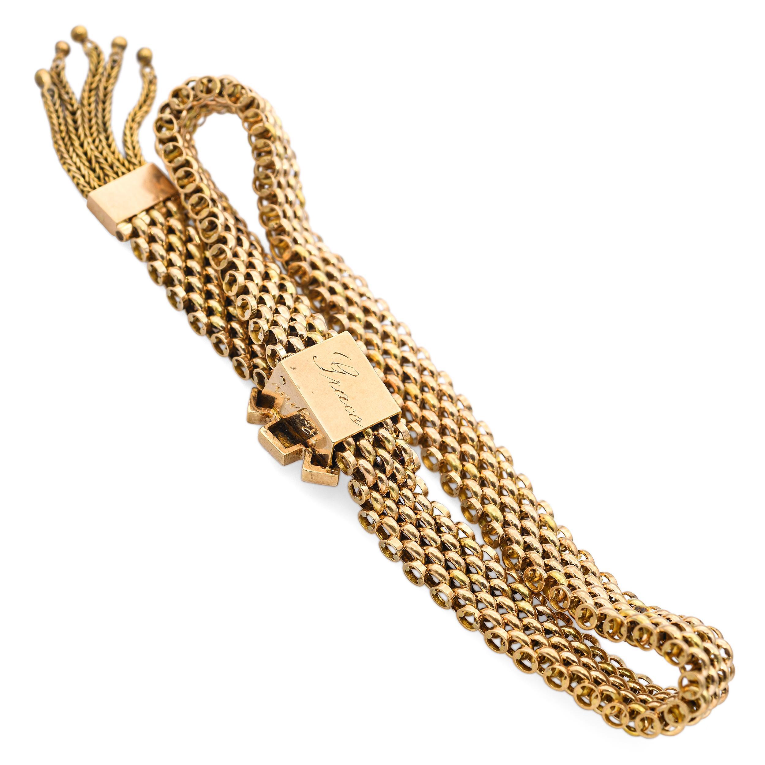 Viktorianisches Gelbgold Mesh Tassel Slide Armband mit Saatperlen und Emaille im Angebot 2
