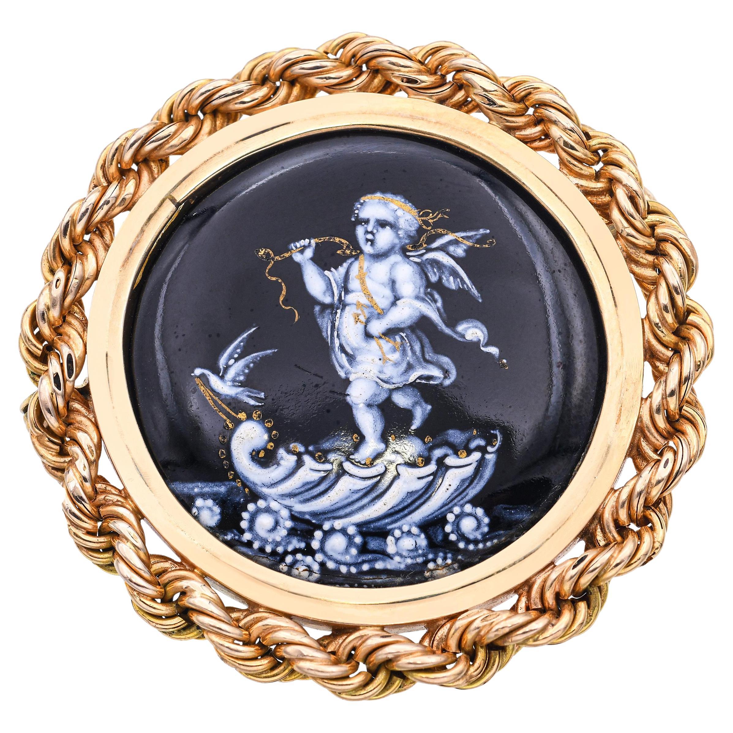 Miniature en or jaune 15k ancienne en émail français "Chérubin sur la coquille".  Broche