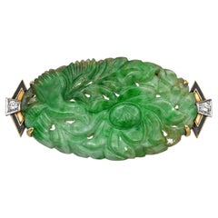 Alfiler broche vintage de oro amarillo de 14k con jade y esmalte de diamantes