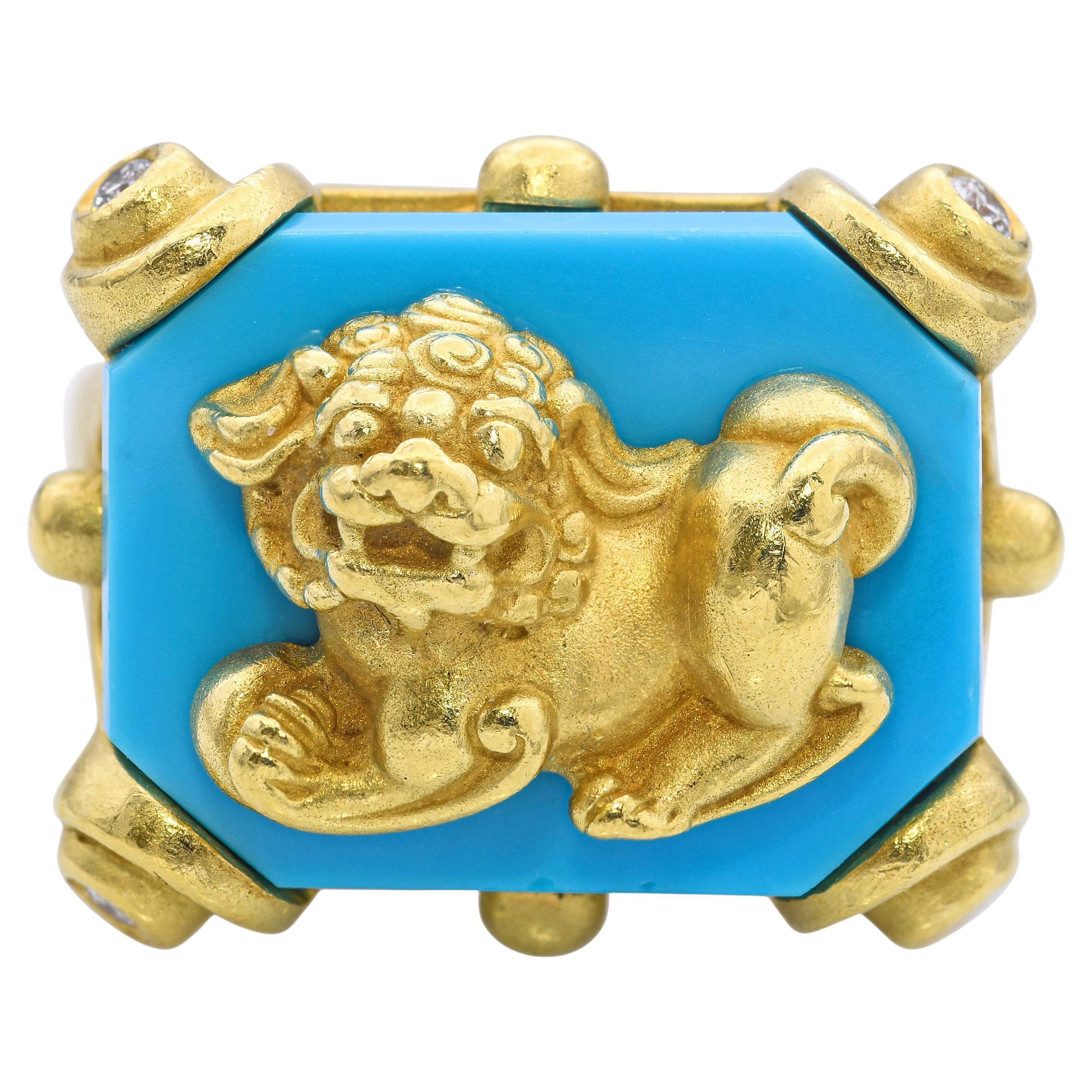 Barry Kieselstein-Cord Bague Foo Dog en or jaune 18 carats, turquoise et diamants en vente