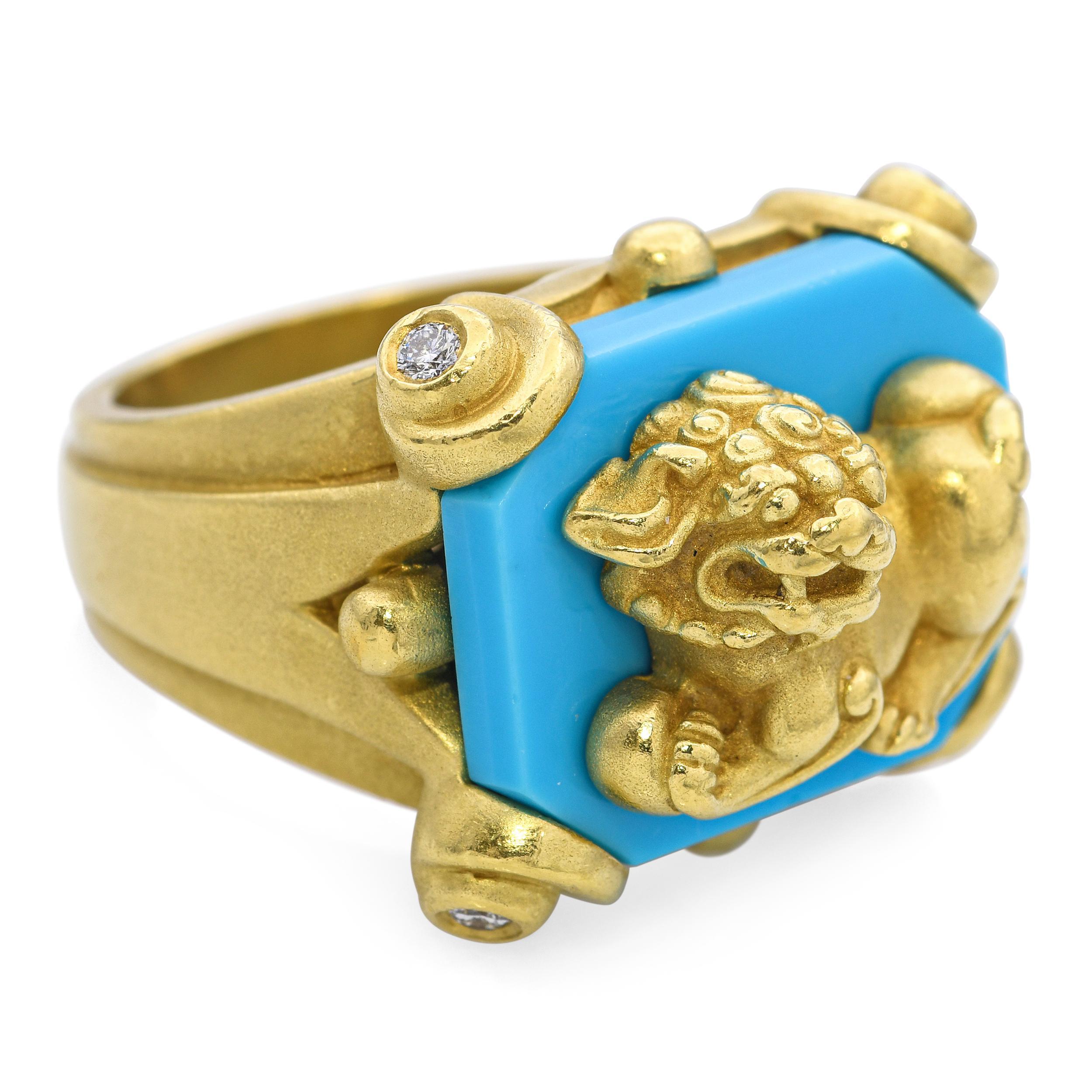 Barry Kieselstein-Cord Bague Foo Dog en or jaune 18 carats, turquoise et diamants Pour femmes en vente