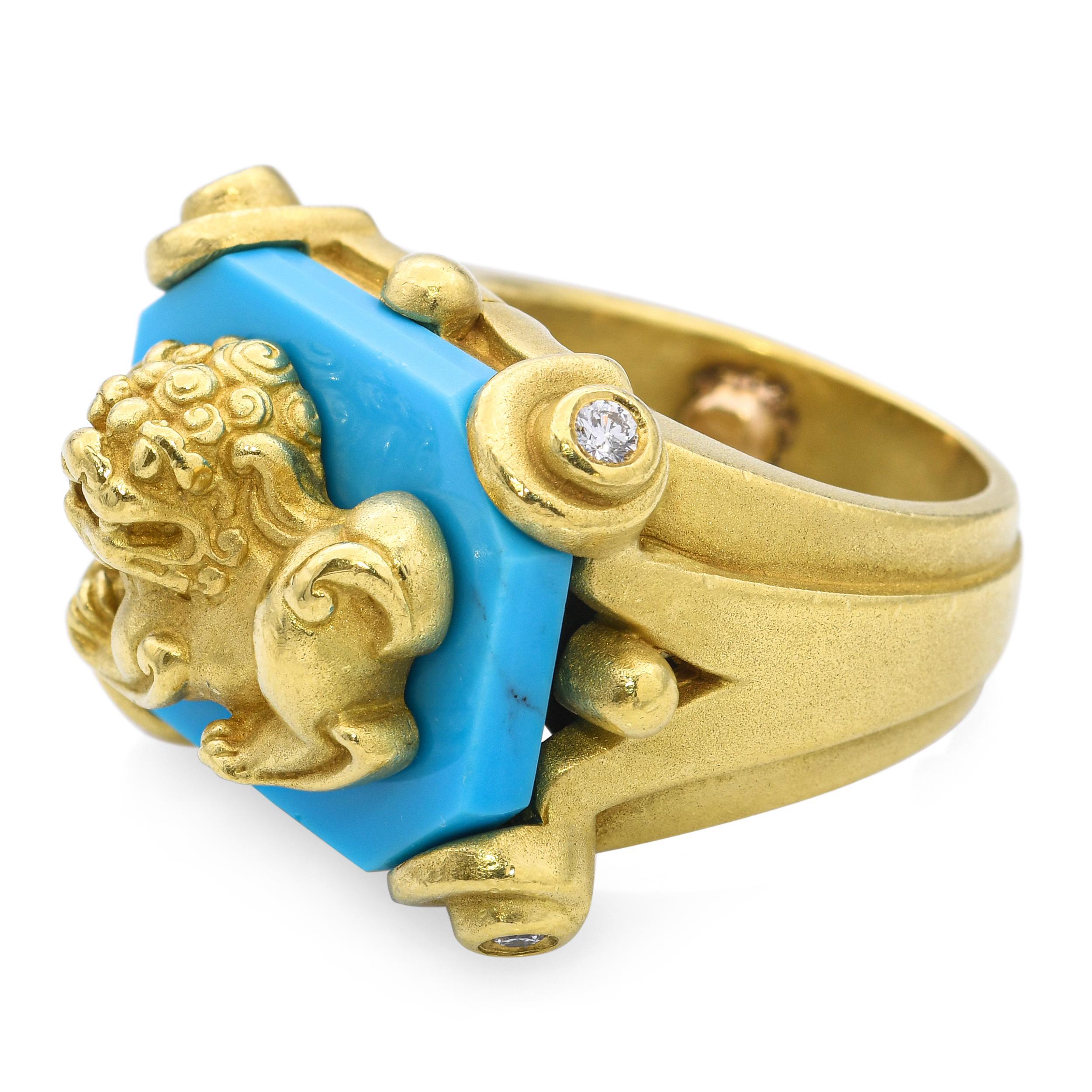 Barry Kieselstein-Cord Bague Foo Dog en or jaune 18 carats, turquoise et diamants Bon état - En vente à New York, NY