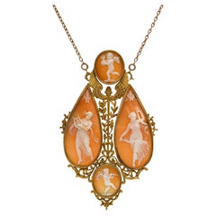 Antique 19k Yellow Gold Cameo Necklace Depicting Maenads and Cherubs Dancing