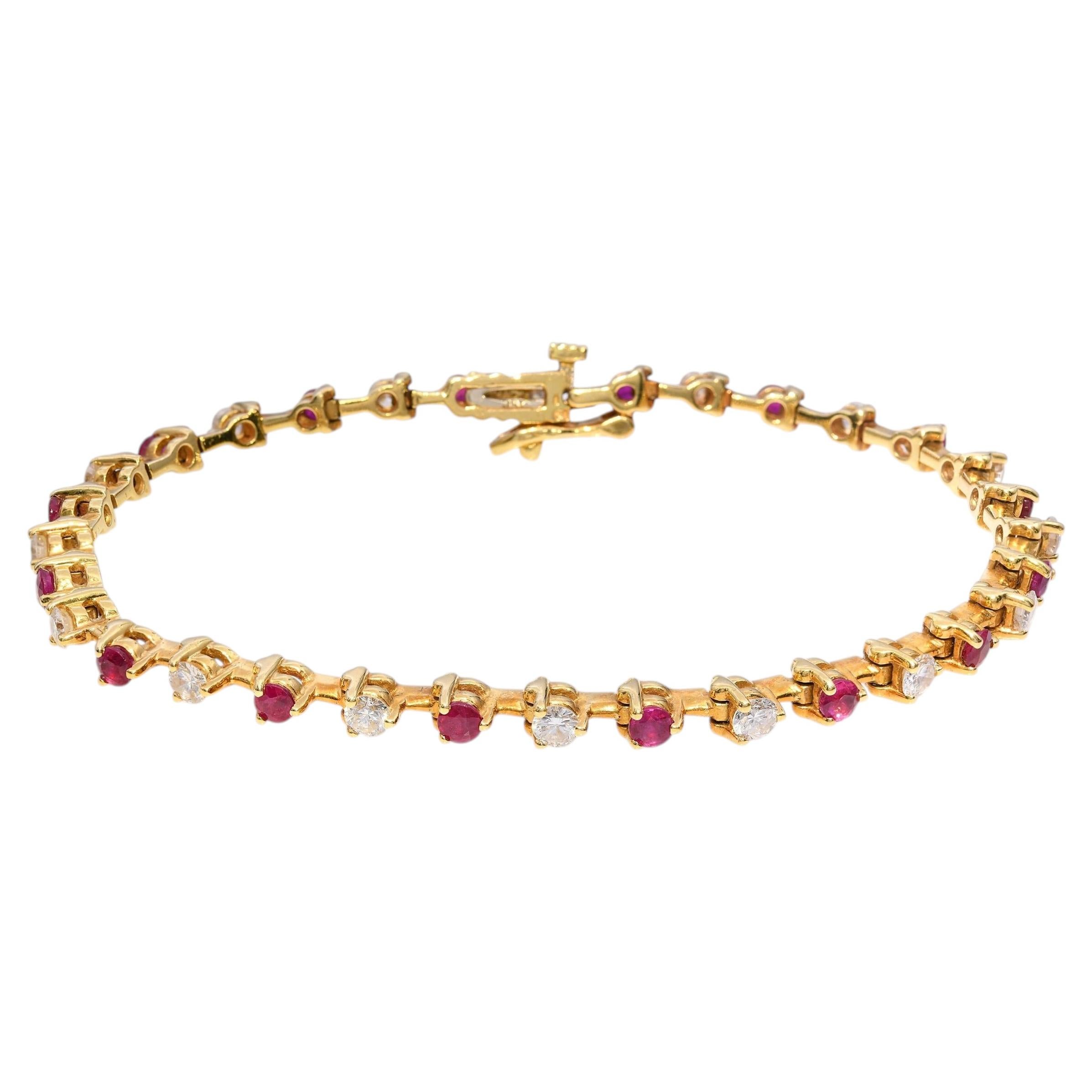 Vintage 18k Yellow Gold Ruby & Diamond Tennis Bracelet