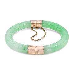 Vintage 14k Yellow Gold GIA Type A Mottled Green Jadeite Jade Hinged Bangle