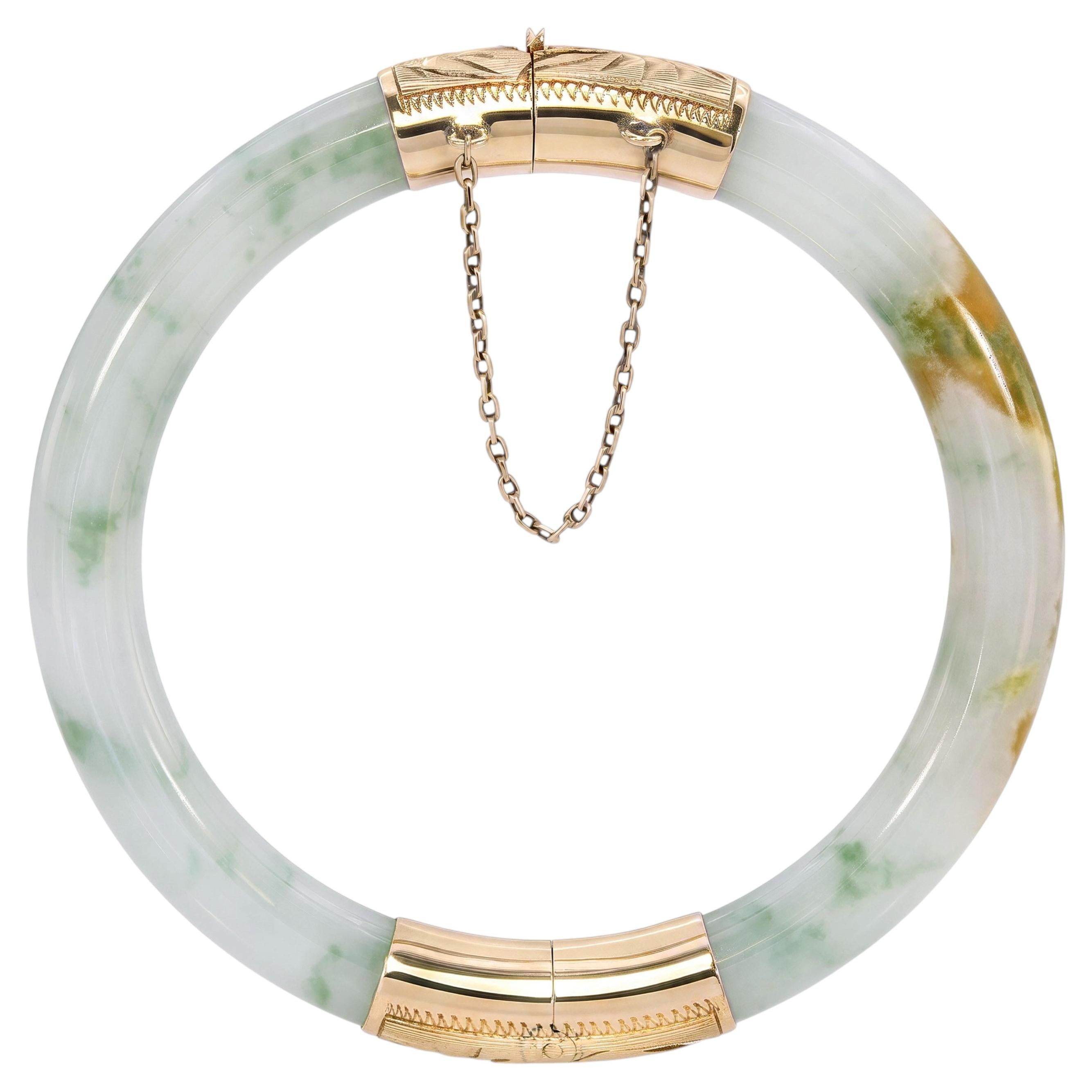 Brazalete vintage de jadeíta de oro amarillo de 14k, con certificación GIA Tipo A, de color verde azulado moteado