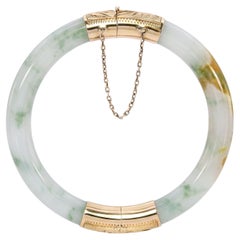 Brazalete vintage de jadeíta de oro amarillo de 14k, con certificación GIA Tipo A, de color verde azulado moteado