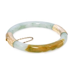 Brazalete vintage de jadeíta de oro amarillo de 14k, con certificación GIA Tipo A, de color verde azulado moteado