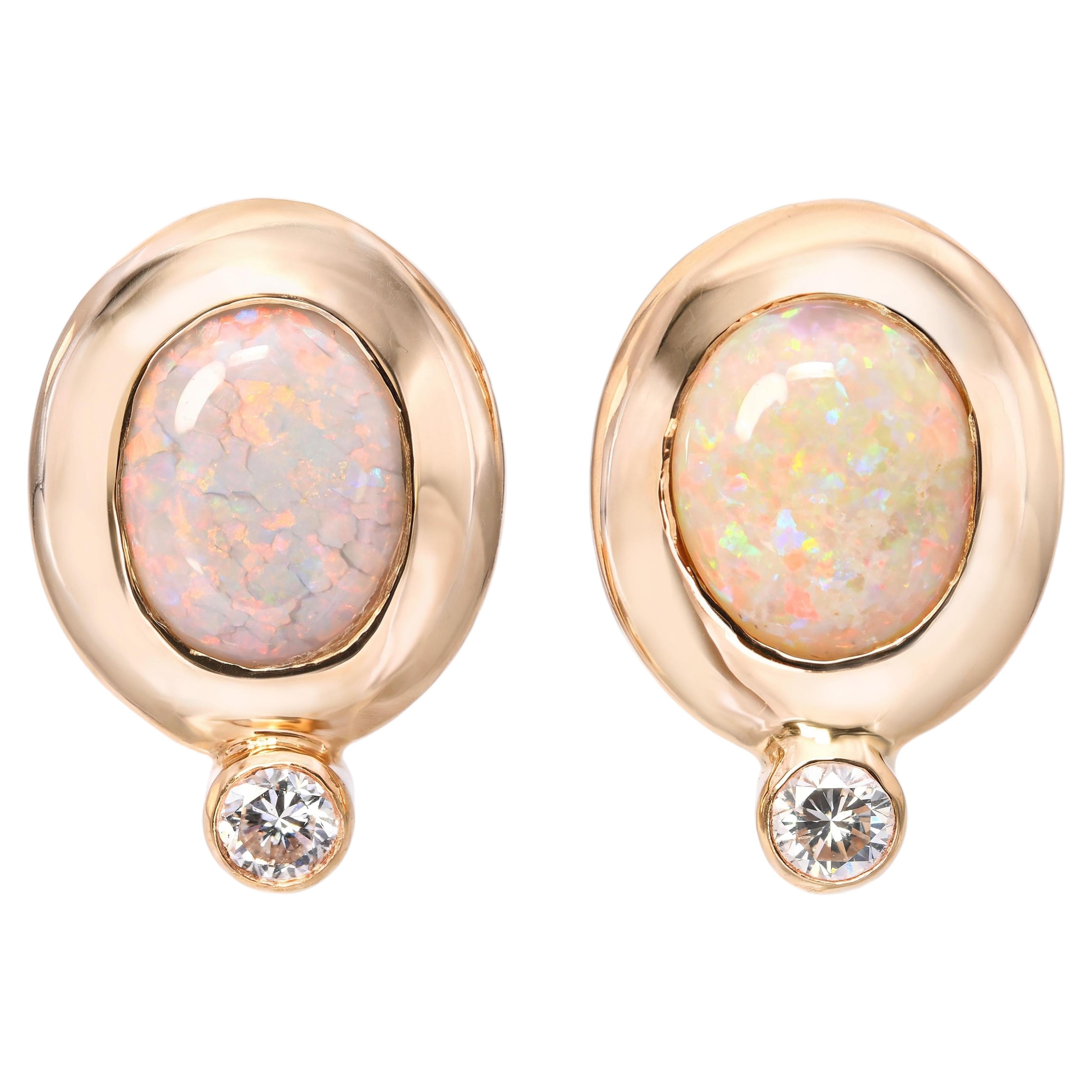 Vintage 13k Yellow Gold Opal & Diamond Earrings