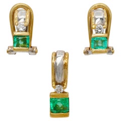 Vintage Two Tone 16k Gold Emerald and Diamond Earring and Pendant Set