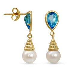 Vintage 14k Yellow Gold Blue Topaz and Pearl Drop Earrings
