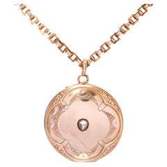 Antique 14k Rose Gold Fancy Link and Rose Cut Diamond Locket Pendant Necklace