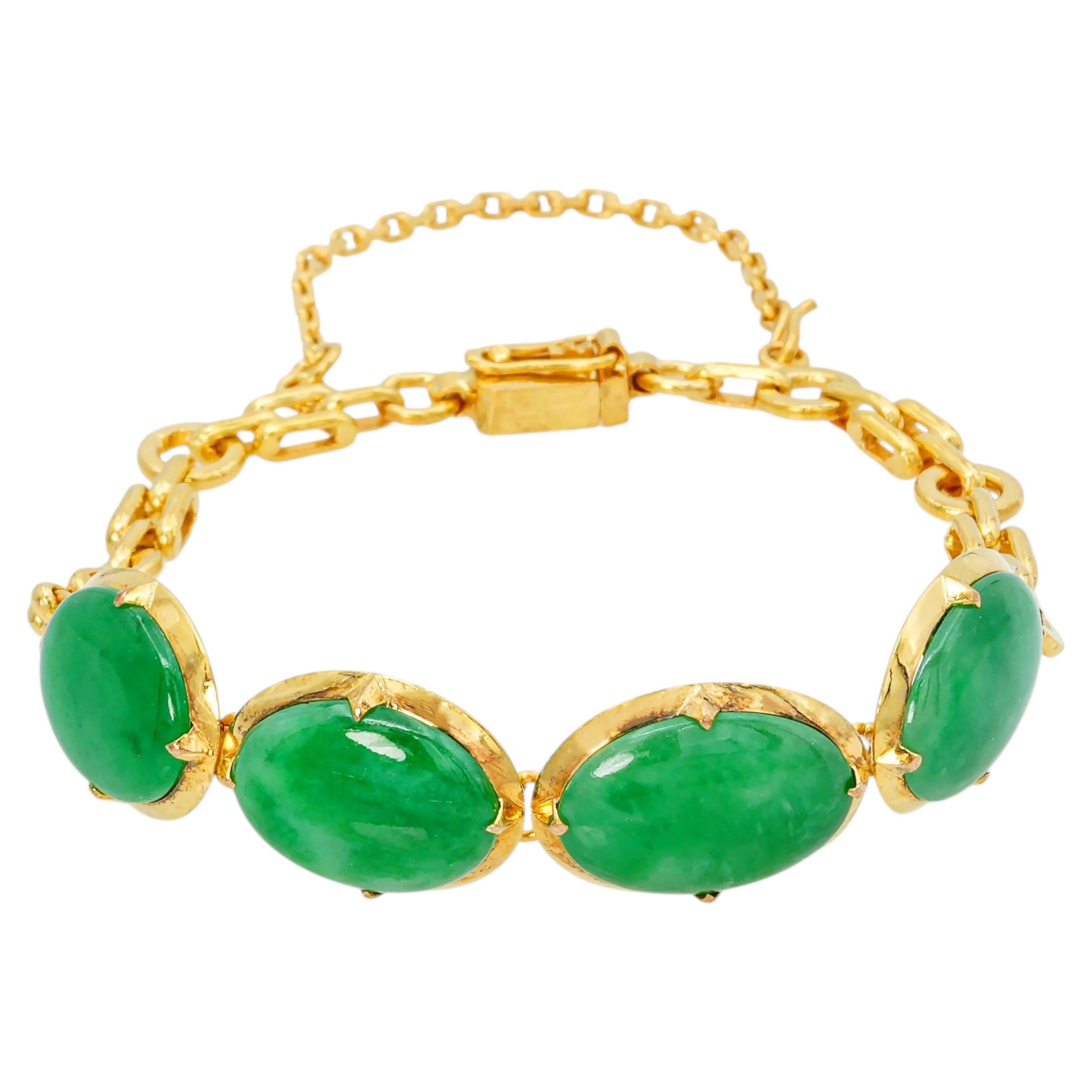 Pulsera vintage de oro amarillo de 21k con jadeíta verde de 12,1 tcw