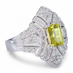 Vintage White Gold Neon Chartreuse Chrysoberyl & Diamond Openwork Ring