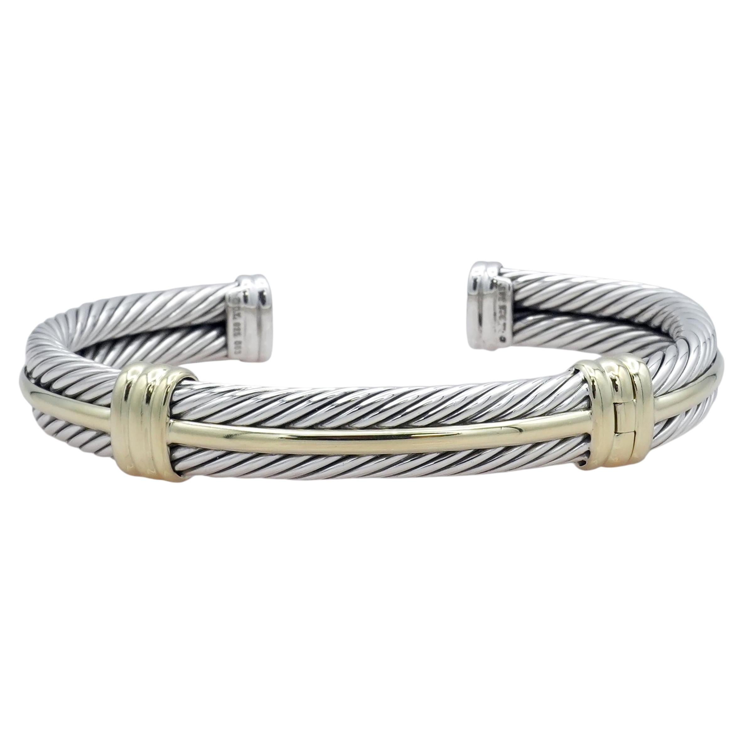 David Yurman Sterling Silver 14K Yellow Gold Double Cable Hinged Cuff Bracelet