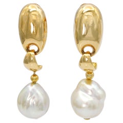 Vintage 18k Yellow Gold Semi Baroque Pearl Screw Back Earrings
