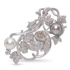Large Platinum Pearl and 3.06ctw Diamond Floral Brooch