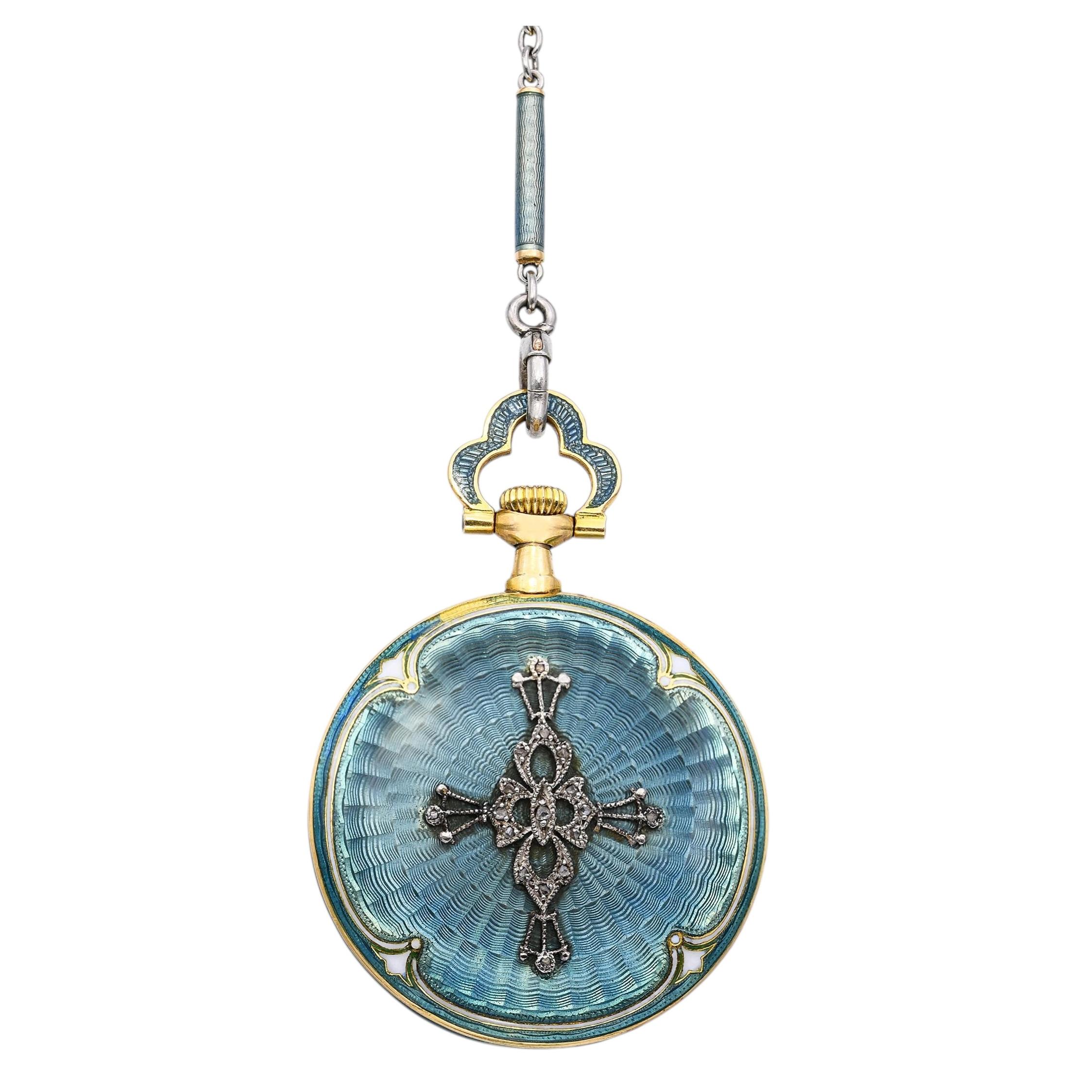 Antique 1900s Tiffany & Co. Guilloche Enamel Pocket Watch Necklace
