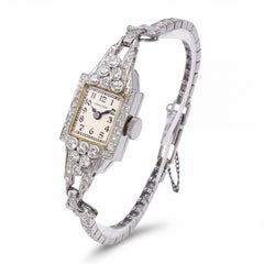 Montre de cocktail Art déco en platine pour femme, à remontage manuel, sertie de diamants Hamilton