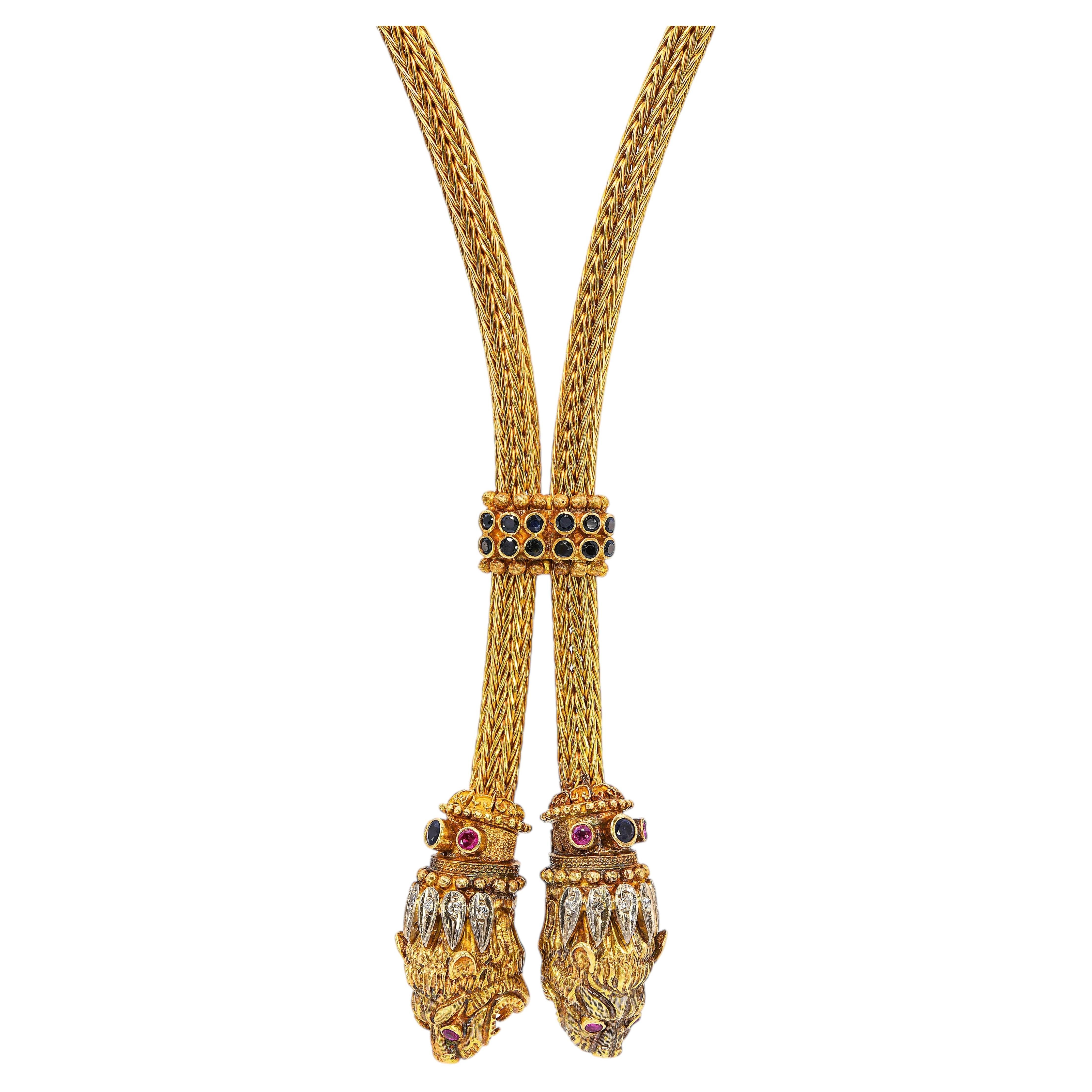 Vintage Ilias Lalaounis 18k Yellow Gold Lion Head Lariat Necklace