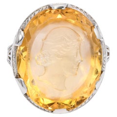 Vintage 18k White Gold Carved Citrine Intaglio Fillagree Ring