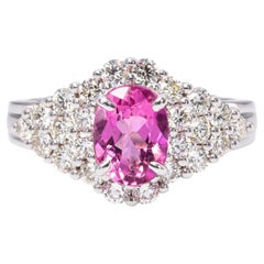 14k White Gold Rubellite Tourmaline and Diamond Pave Ring