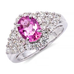14k White Gold Rubellite Tourmaline and Diamond Pave Ring