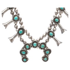 Vintage Southwestern Sterling Silver Turquoise Squash Blossom Necklace