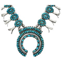 Navajo Victor Moses Begay Turquoise Sterling Silver Squash Blossom Necklace