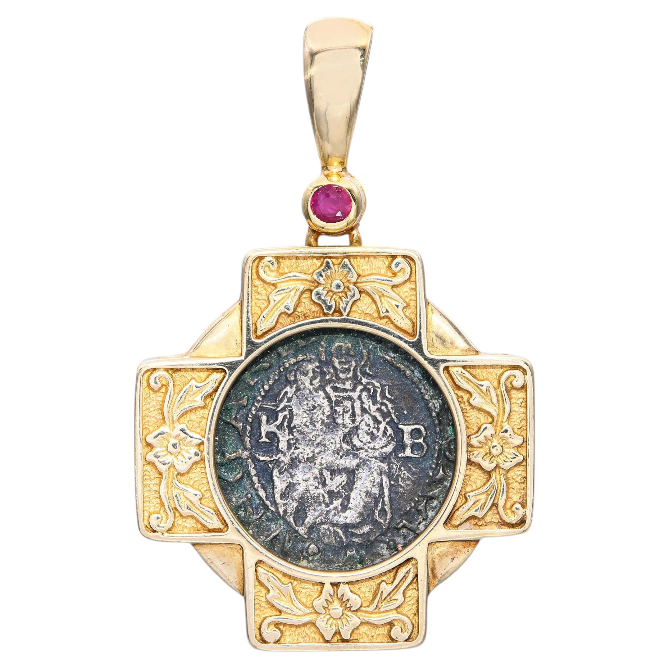 Vintage 14k Yellow Gold Ancient Coin and Ruby Pendant For Sale
