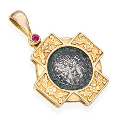 Vintage 14k Yellow Gold Ancient Coin and Ruby Pendant