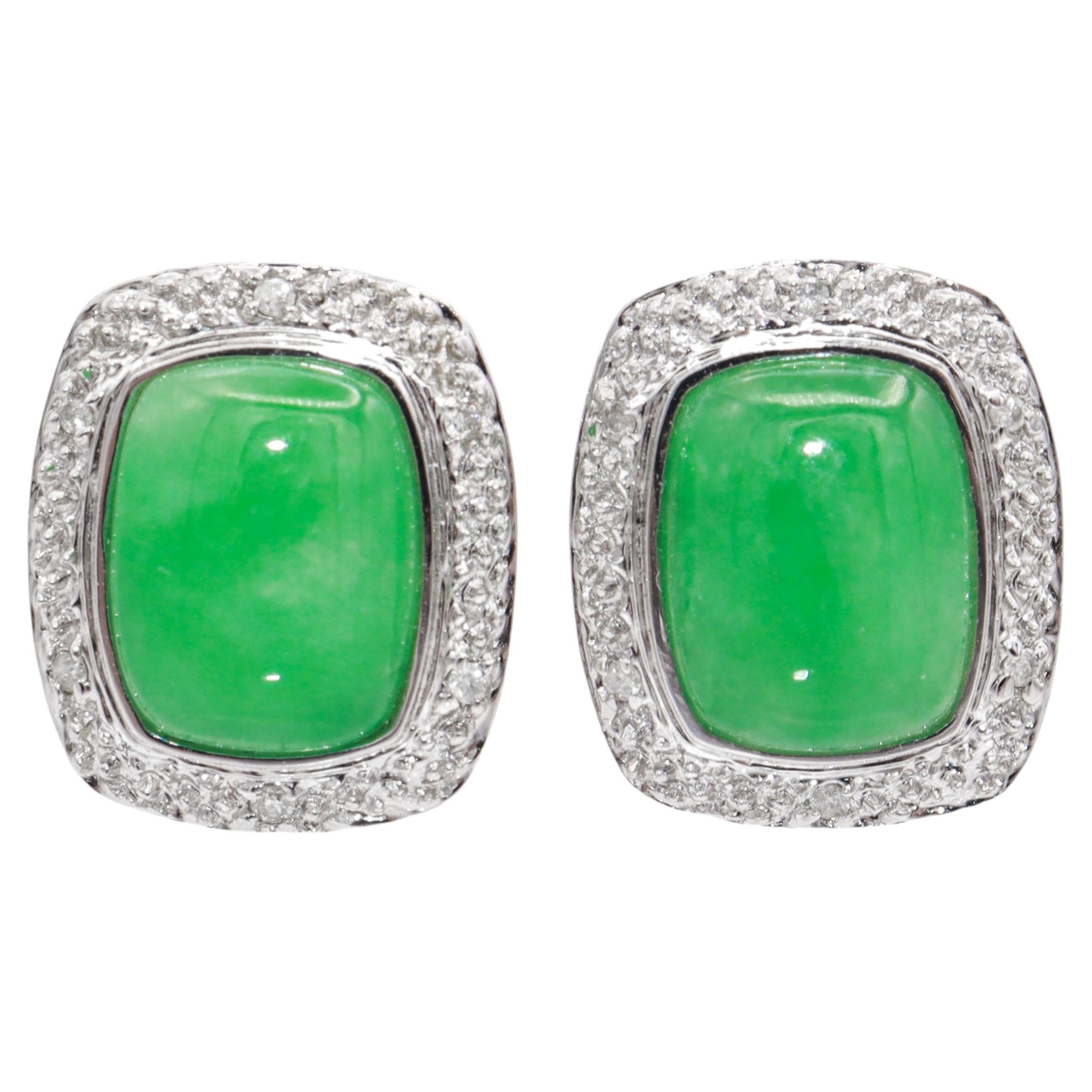 14k White Gold Green Jade & Diamond Earrings For Sale
