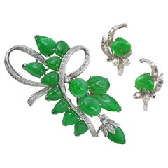 Vintage Precious Metal Alloy Jade & Diamond Brooch & Earrings Set