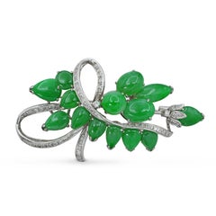 Vintage Precious Metal Alloy Jade & Diamond Brooch & Earrings Set