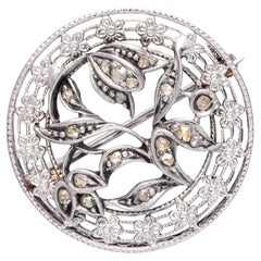Antique 14k White Gold and Silver Rose Cut Diamond Floral Brooch Pin