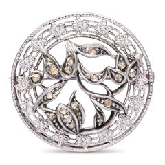 Antique 14k White Gold and Silver Rose Cut Diamond Floral Brooch Pin