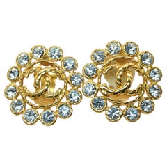 Vintage Chanel Gold-Plated Rhinestone CC Button Clip-On Earrings