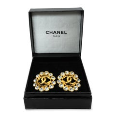 Vintage Chanel Gold-Plated Rhinestone CC Button Clip-On Earrings