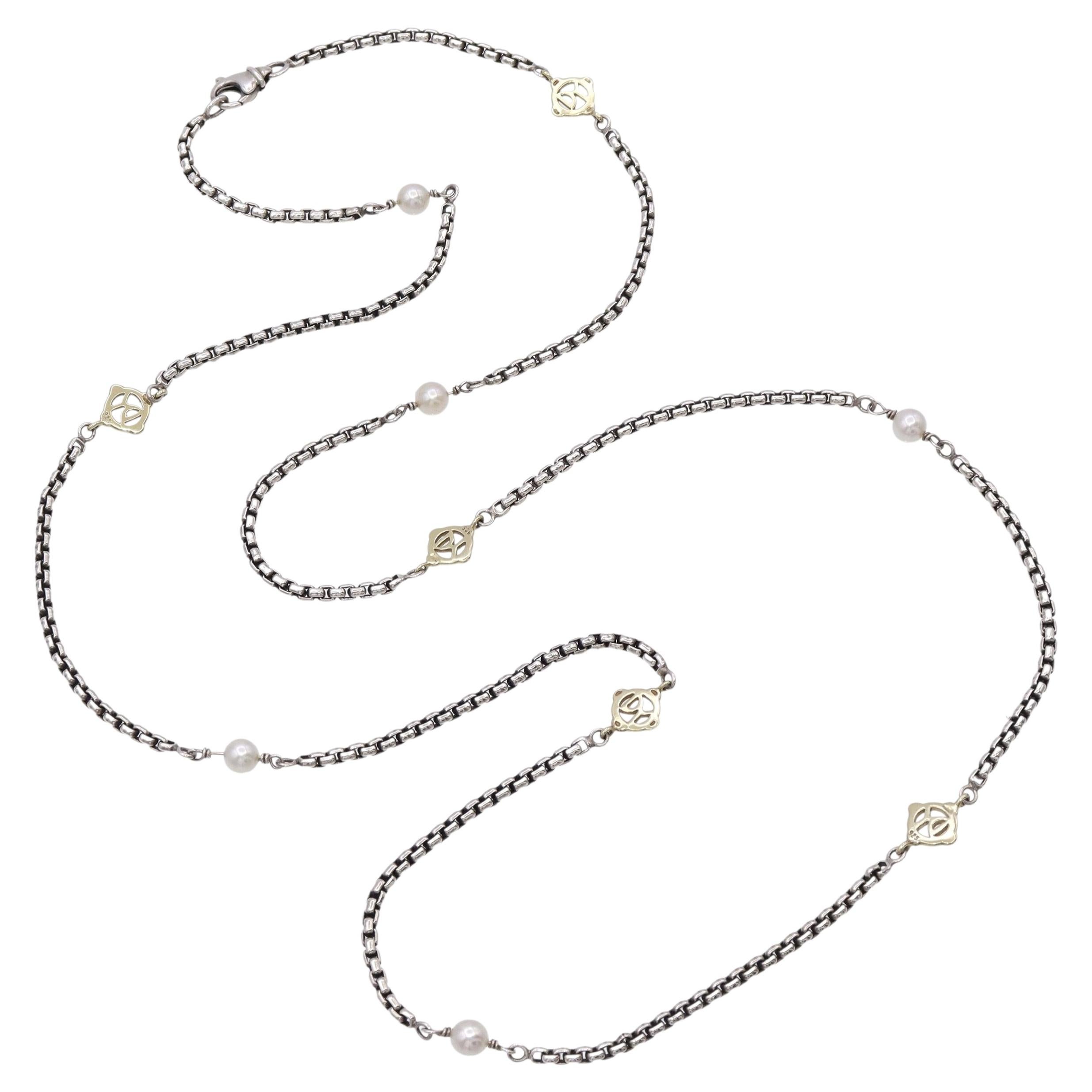 David Yurman Sterling Silver 14k Yellow Gold Pearl Box Chain Station Necklace