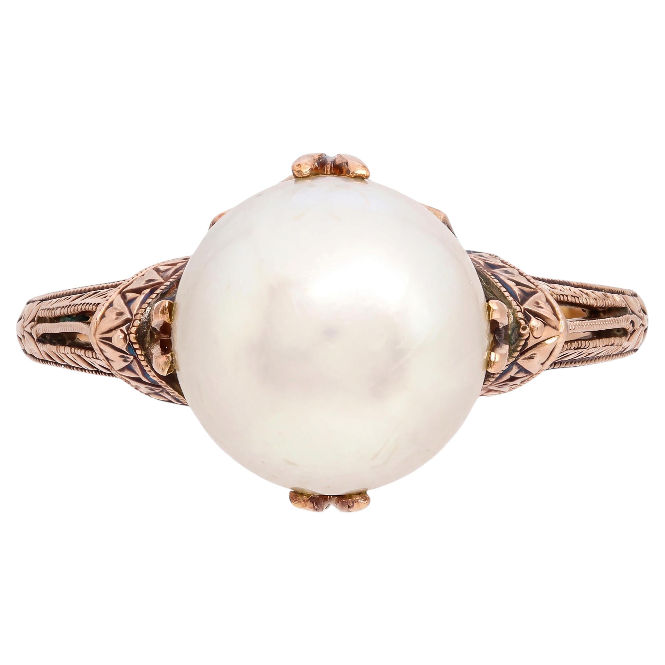 Vintage Engraved 14k Yellow Gold Pearl Ring For Sale