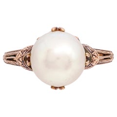 Vintage Engraved 14k Yellow Gold Pearl Ring
