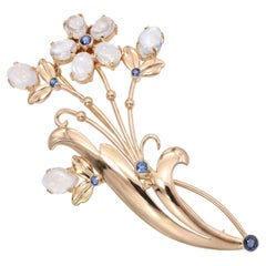 Vintage Tiffany & Co. 14k Yellow Gold Moonstone & Sapphire Floral Bouquet Brooch